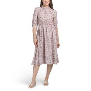 NANCY YANG Pink Ruffle Neck Midi Dress